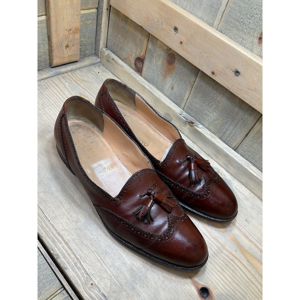 SALVATORE Ferragamo Slip On Kiltie Tassels Shoes Men’s 10.5 B Brown Italy - Picture 2 of 11